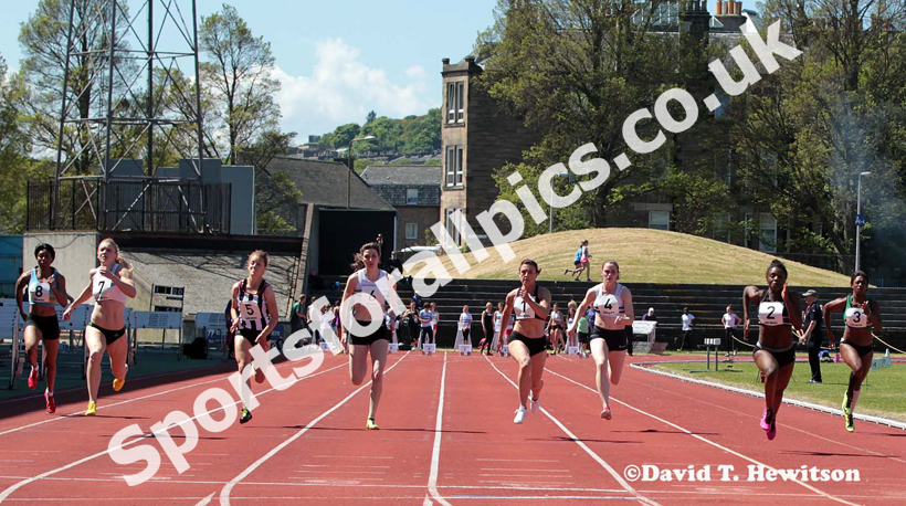 No 2 Dina Asher Smith (Blackheath and Bromley) beats No 7 Louise Blood (Trafford AC) to win the 100 metres at the UK Women's National League, Premier, Meadowbank, Edinburgh.